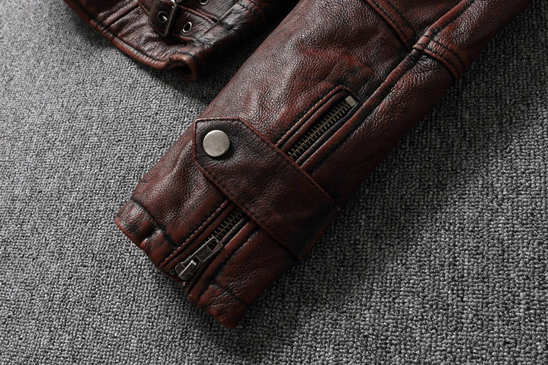 Top layer Cow Oversized Leather Jacket Red-Brown American retro Motorcycle Style Color Distressed High Sense Coat
