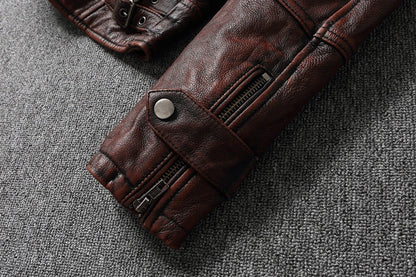 Top layer Cow Oversized Leather Jacket Red-Brown American retro Motorcycle Style Color Distressed High Sense Coat