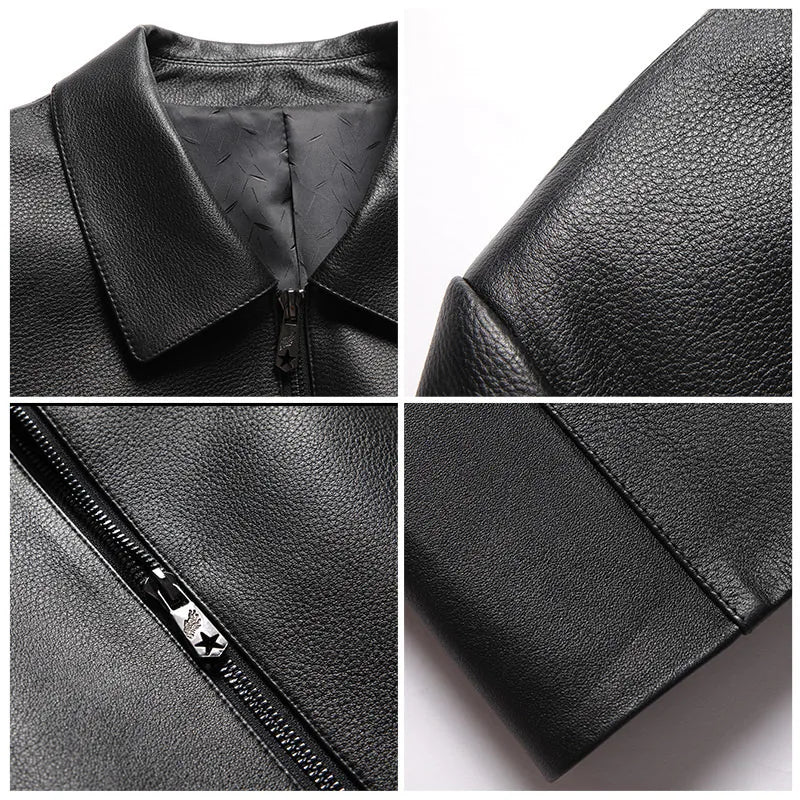 Men's Natural Cowhide Leather Jacket Lapel Middle-aged Dad Coat Spring Autumn Casual Classic Fit Leather Outerwear