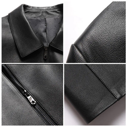 Men's Natural Cowhide Leather Jacket Lapel Middle-aged Dad Coat Spring Autumn Casual Classic Fit Leather Outerwear