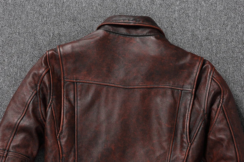 Top layer Cow Oversized Leather Jacket Red-Brown American retro Motorcycle Style Color Distressed High Sense Coat