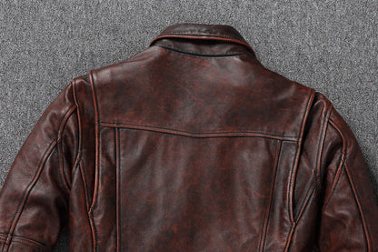 Top layer Cow Oversized Leather Jacket Red-Brown American retro Motorcycle Style Color Distressed High Sense Coat