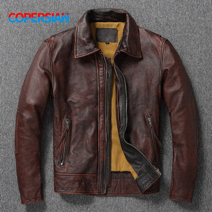 Top layer Cow Oversized Leather Jacket Red-Brown American retro Motorcycle Style Color Distressed High Sense Coat