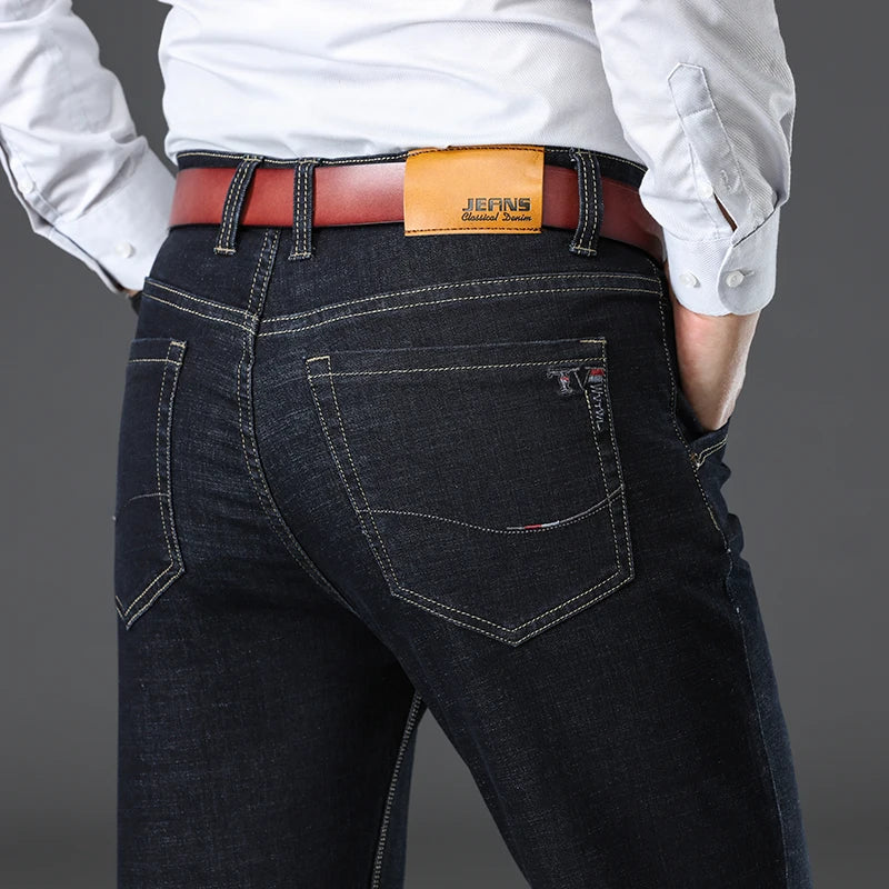 Mens Jeans  Business Regular Straight Full Lenght Jean Casual Denim Trousers Elasticity Stretch Fabric Pant