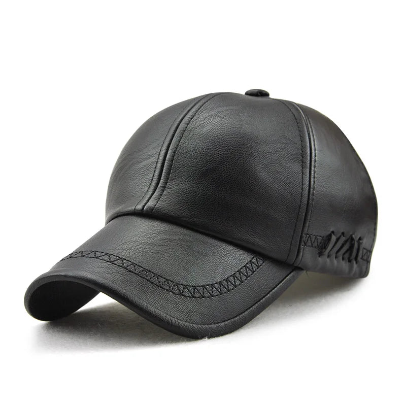 PU Leather Baseball Cap For Men Fall Winter Faux Leather Dad Hat Middle-aged Snapback Solid Black Color Adjustable gorras hombre