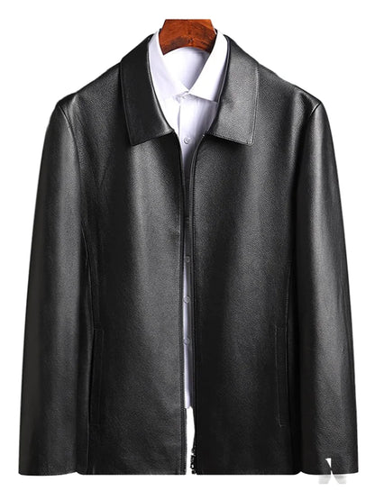 Men's Natural Cowhide Leather Jacket Lapel Middle-aged Dad Coat Spring Autumn Casual Classic Fit Leather Outerwear