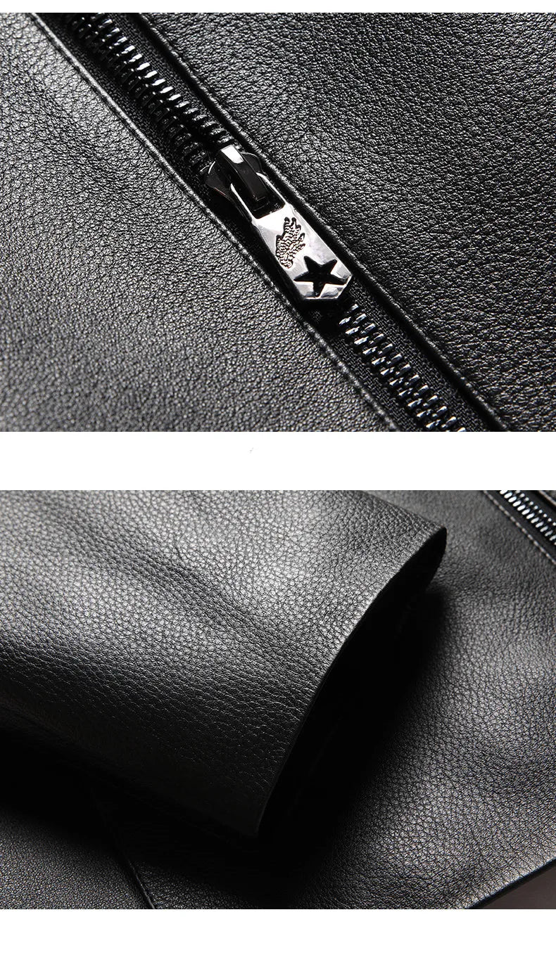 Men's Natural Cowhide Leather Jacket Lapel Middle-aged Dad Coat Spring Autumn Casual Classic Fit Leather Outerwear