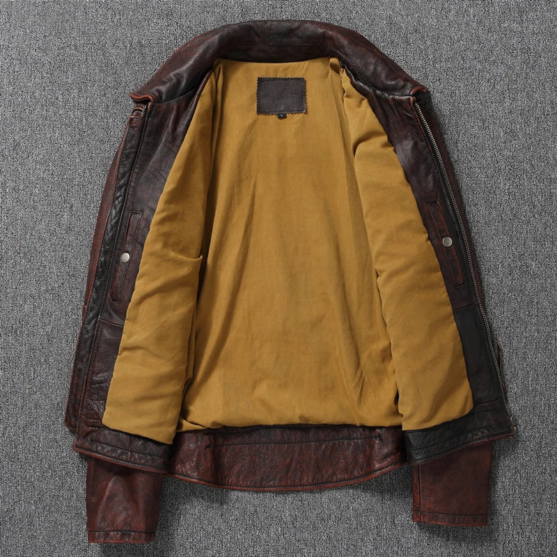 Top layer Cow Oversized Leather Jacket Red-Brown American retro Motorcycle Style Color Distressed High Sense Coat