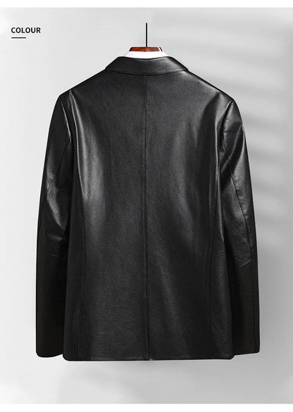 Men's Natural Cowhide Leather Jacket Lapel Middle-aged Dad Coat Spring Autumn Casual Classic Fit Leather Outerwear