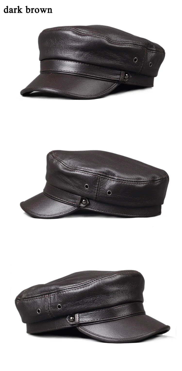 100% Leather hat Men Women Unisex Students Navy Caps Homme Locomotive Duck Tongue Flat Top Gorras Newsboy Korean Fashion Chapeu