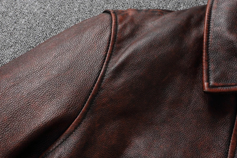 Top layer Cow Oversized Leather Jacket Red-Brown American retro Motorcycle Style Color Distressed High Sense Coat