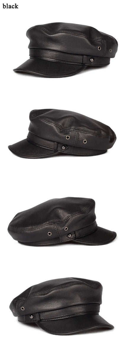 100% Leather hat Men Women Unisex Students Navy Caps Homme Locomotive Duck Tongue Flat Top Gorras Newsboy Korean Fashion Chapeu