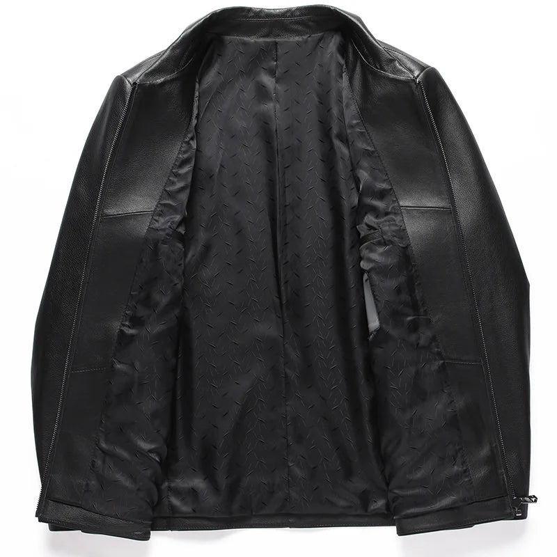 Men's Natural Cowhide Leather Jacket Lapel Middle-aged Dad Coat Spring Autumn Casual Classic Fit Leather Outerwear