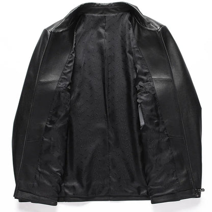 Men's Natural Cowhide Leather Jacket Lapel Middle-aged Dad Coat Spring Autumn Casual Classic Fit Leather Outerwear