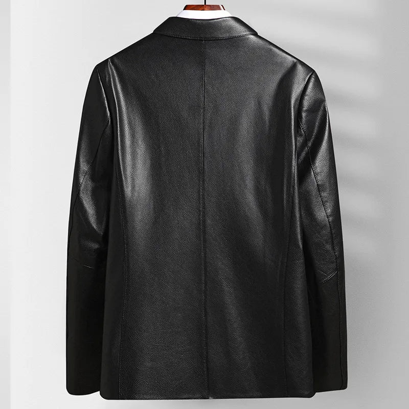 Men's Natural Cowhide Leather Jacket Lapel Middle-aged Dad Coat Spring Autumn Casual Classic Fit Leather Outerwear