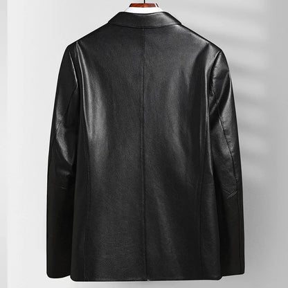 Men's Natural Cowhide Leather Jacket Lapel Middle-aged Dad Coat Spring Autumn Casual Classic Fit Leather Outerwear