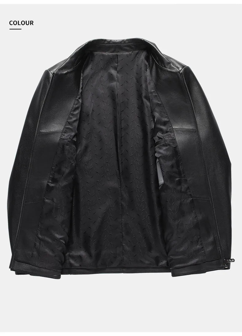 Men's Natural Cowhide Leather Jacket Lapel Middle-aged Dad Coat Spring Autumn Casual Classic Fit Leather Outerwear