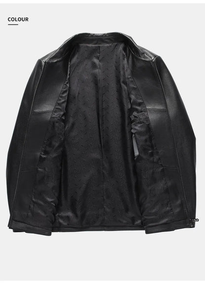 Men's Natural Cowhide Leather Jacket Lapel Middle-aged Dad Coat Spring Autumn Casual Classic Fit Leather Outerwear