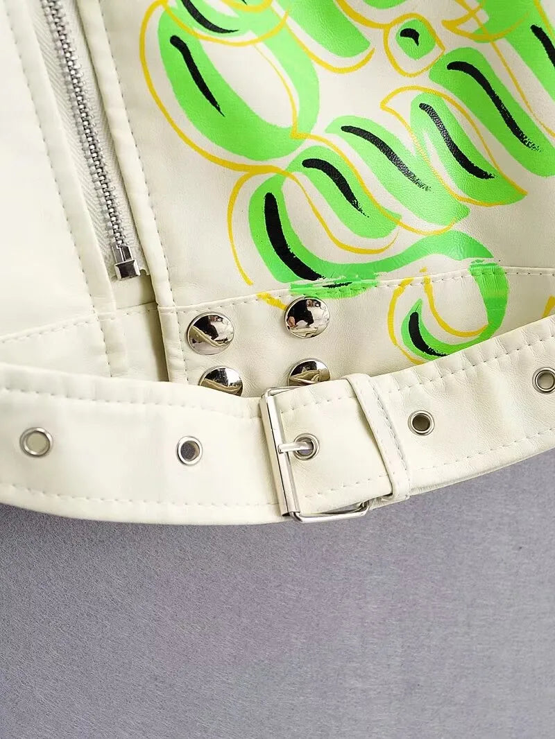 Fashion Brand Coat PU Leather Jacket Women Colorful Print Graffiti Soft Punk Coats Slim Locomotive Cropped Jacket Leather Top 1