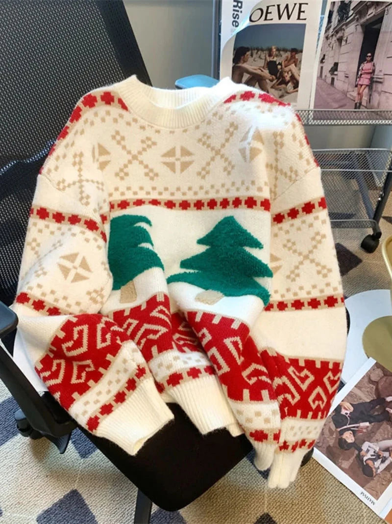 Sweet Christmas Tree Red Sweater Women Long Sleeve O Neck Cute Knit Pullover Harajuku Y2K Preppy Style Casual Lazy Jumper