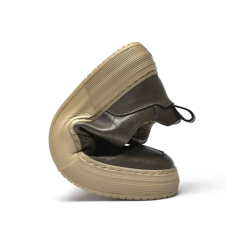 Genuine Leather Men's Casual Shoes, Thick-soled, Anti-slip, Wear-resistant, Height-increasing, Street Fashion, Retro Board Shoes