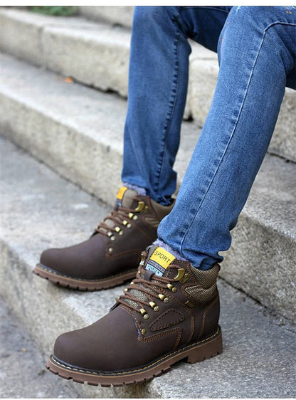 Genuine Leather Men Boots Casual Work Shoes Brown Luxury Brand Autumn Winter Handmade Fashion Male Ankle Boots Bot