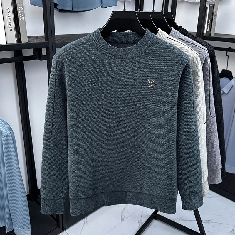 Winter 2025 Men's Sweater with Fleece and Mink Fur for Middle-aged Warmth, Integrated Fleece Base, Embroidered Round Neck Top