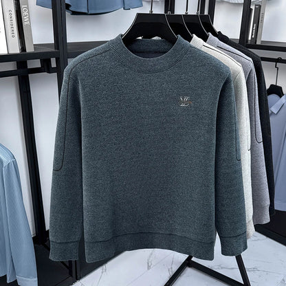 Winter 2025 Men's Sweater with Fleece and Mink Fur for Middle-aged Warmth, Integrated Fleece Base, Embroidered Round Neck Top