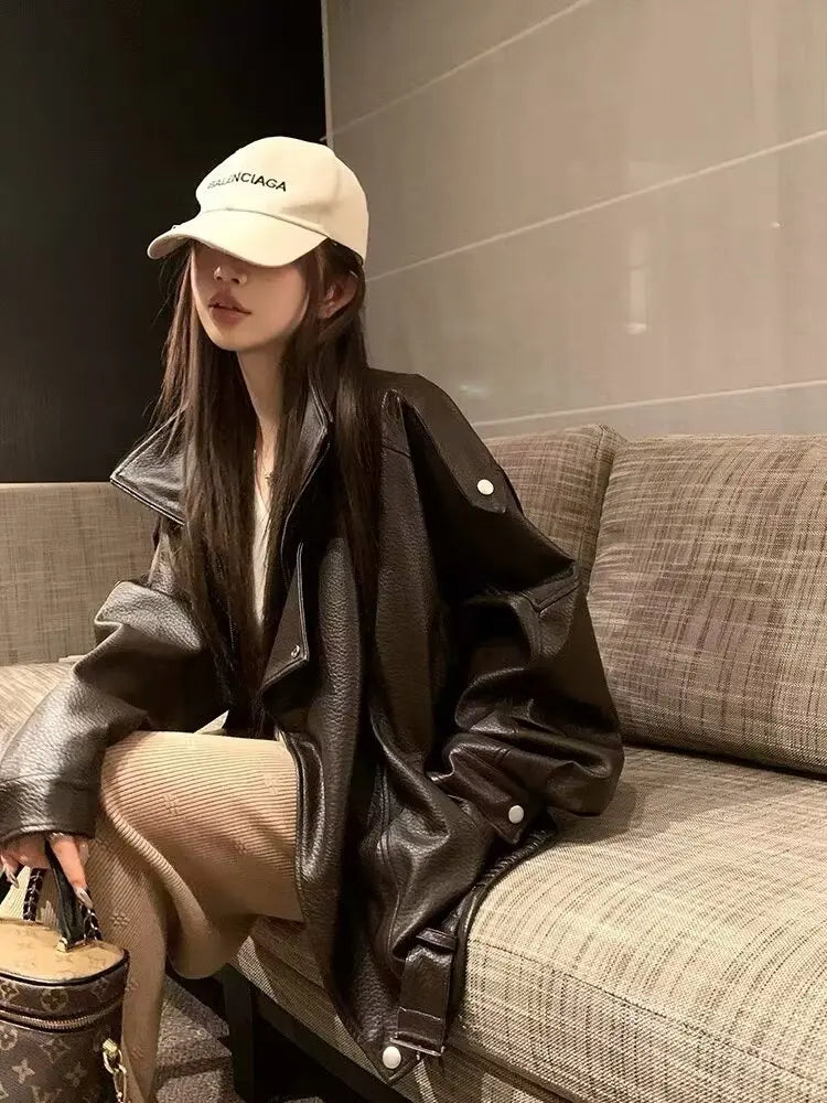 Faux Pu Leather Coats Women Solid Jackets Belt Zipper Turn Down Collar Long Sleeves Loose Casual Streetwear 2025 Spring Autumn