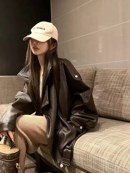 Faux Pu Leather Coats Women Solid Jackets Belt Zipper Turn Down Collar Long Sleeves Loose Casual Streetwear 2025 Spring Autumn