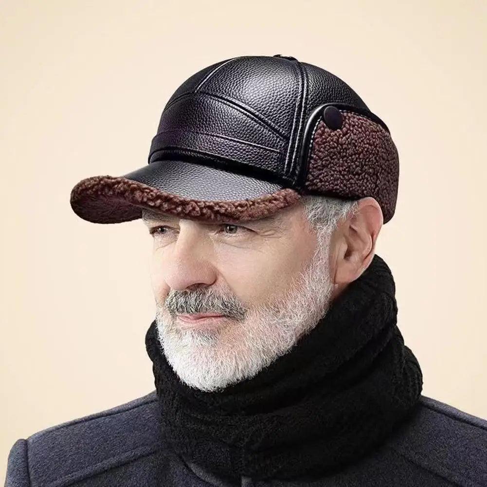 PU Leather Baseball Cap Men Winter Warm Hat Dad Grandpa Thermal Hat Thick Warm Leather Hat Old Man Ear Protection Cap