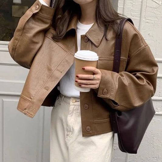 Sweet Lapel Collar Leather Jacket Women Outerwear Korean Chic Vintage PU Coats Retro Windbreaker Jackets Streetwear