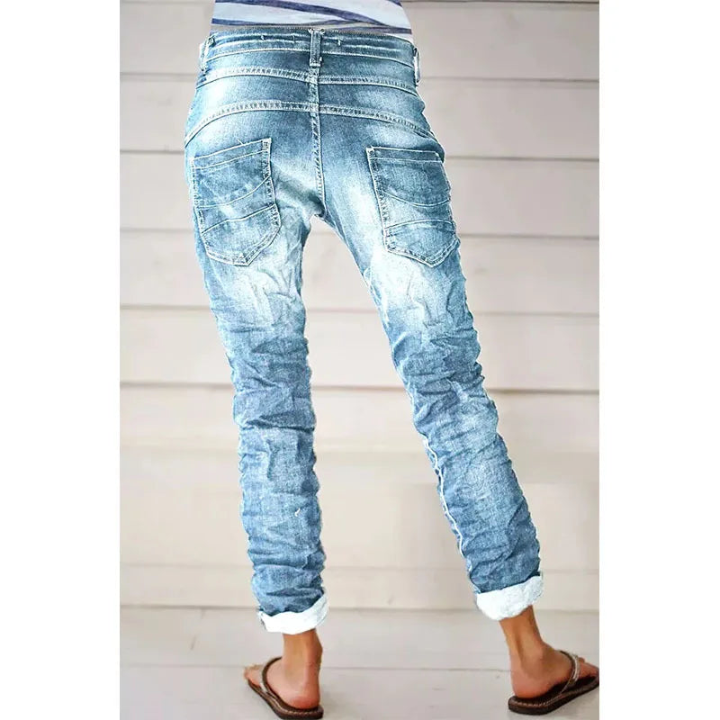 Jeans for Women Drawstring Elastic-waisted Jeans Casual Button Baggy Jeans Women Trousers Straight Women Wide-leg Pants Slouchy