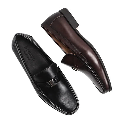 Men's Genuine Leather Non-Slip Flat Loafers Handmade Metal Buckle Glossy Pointed Banquet Wedding Party Formal Shoes