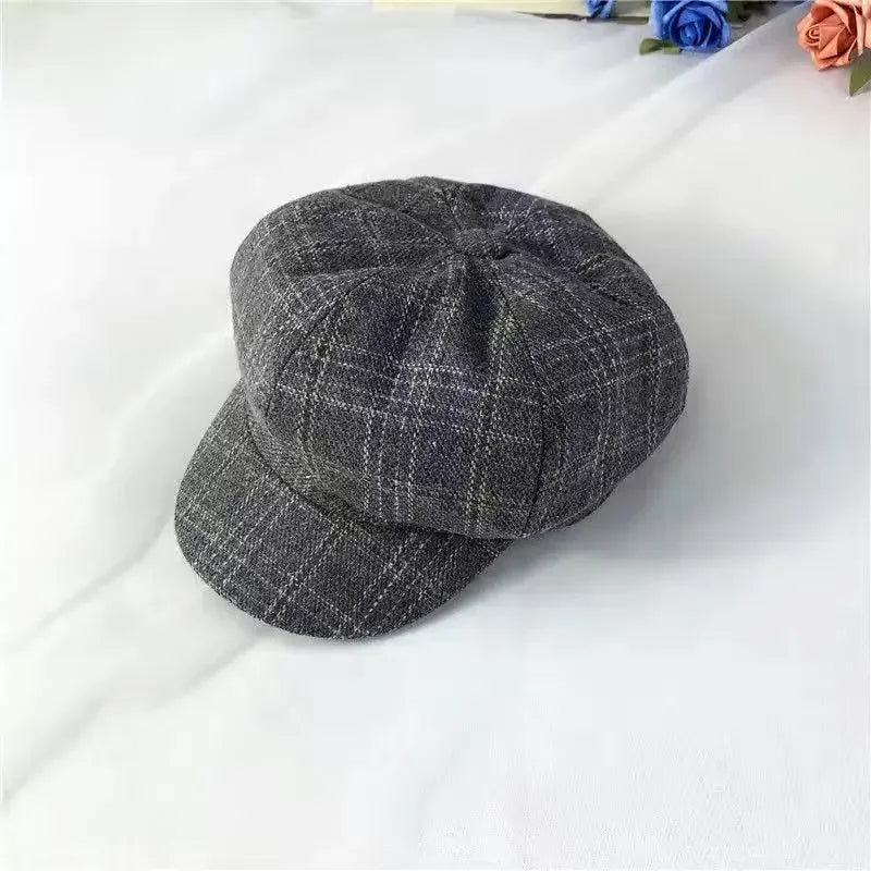 Kids Boys Girls PU Leather Hat 2024 New Arrival Children Princess Retro Beret Cap British Style Plaid Striped Cap Steetwear Hat