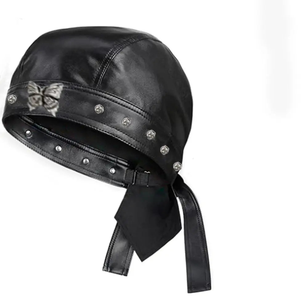 PU Leather Black Biker Cap Doo Rag Bandana Waterproof Butterfly Cap Cool Adjustable Motorcycle Leather Hat for Women and Men