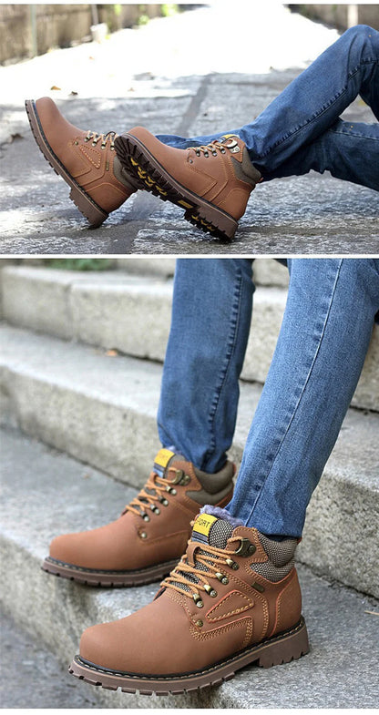 Genuine Leather Men Boots Casual Work Shoes Brown Luxury Brand Autumn Winter Handmade Fashion Male Ankle Boots Bot