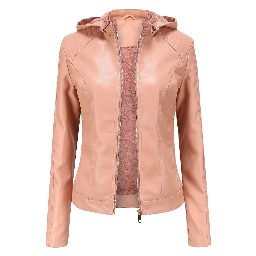 Faux Leather Women Coat Hooded Full Sleeve Slim Fit Solid Sexy Regular Jackets Zipper Casual Splice Coats Thick Warm Jacket