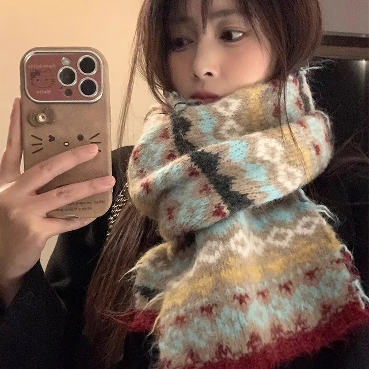 Women's Winter Scarf Sweet Style Warm Scarf Knitted Wool Scarf  Winter High End Retro Thickened Warm Woolen Scarf Fashion Scarf