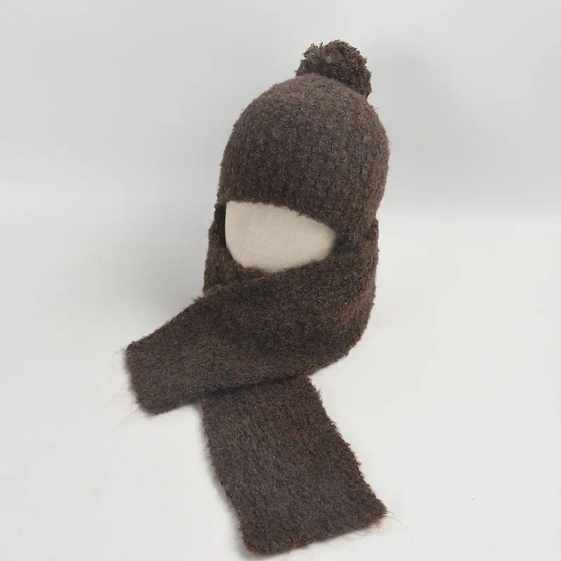 Winter Sweet Girl's Must-have - Wool Blend Beanie with Scarf and Shiny Furball