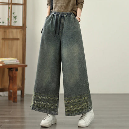 Jeans Women 2025 Autumn New Jeans Retro Heavy Industry Embroidery Ethnic Style Elastic Waist Casual Oversized Wide Leg Pants