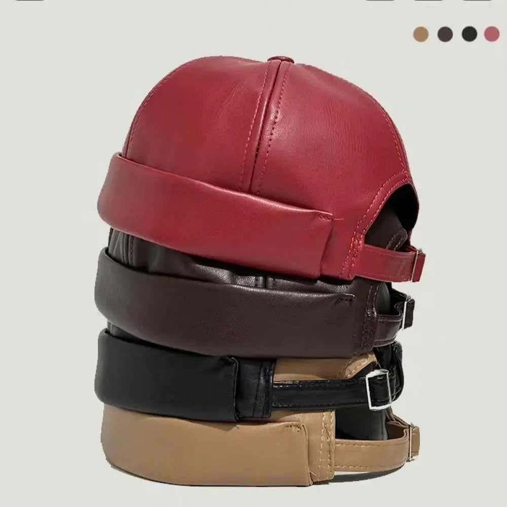 Vintage Pu Leather Melon Skin Hat Brimless Hat Landlord Cap Retro Docker Caps Hip Hop Hats Painter Cap Round Hat Adjustable