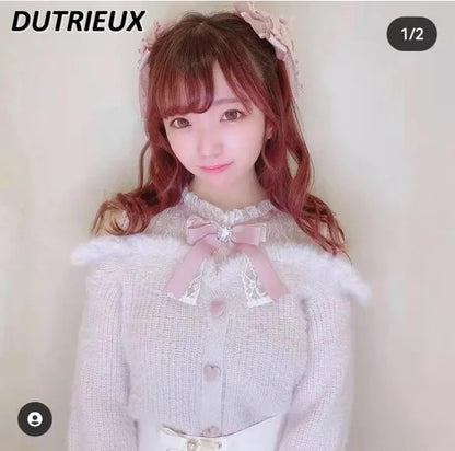 Sweet Lolita Winter Clothes Women Off Shoulder Sweater Pullover Student Elegant Long Sleeve Knitwear Bow Lace Waist Slim Sweater