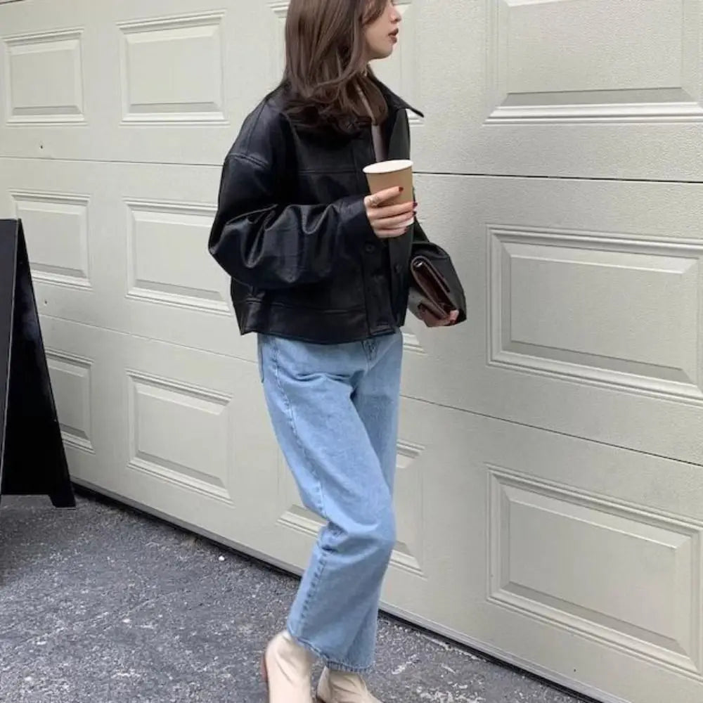 Sweet Lapel Collar Leather Jacket Women Outerwear Korean Chic Vintage PU Coats Retro Windbreaker Jackets Streetwear