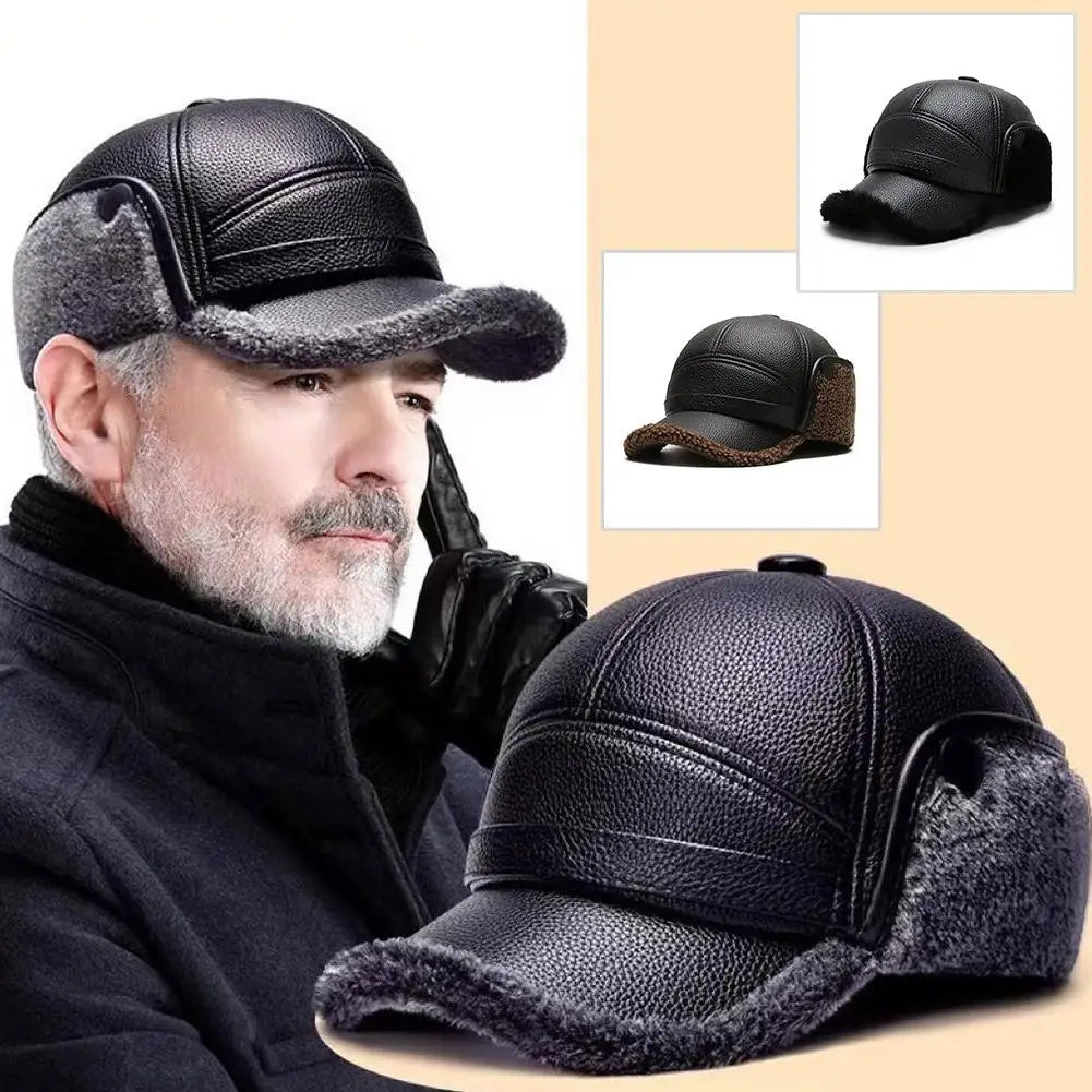 PU Leather Baseball Cap Men Winter Warm Hat Dad Grandpa Thermal Hat Thick Warm Leather Hat Old Man Ear Protection Cap