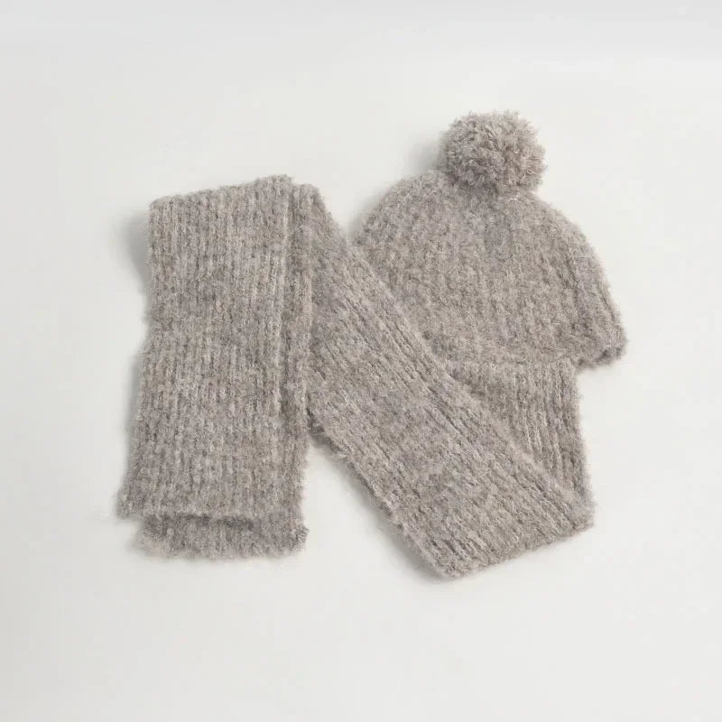 Winter Sweet Girl's Must-have - Wool Blend Beanie with Scarf and Shiny Furball
