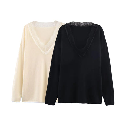 2025 Winter New Women's Sweet and Alluring Fashion V-neck Lace-trimmed Loose Long-sleeved Knit Sweater