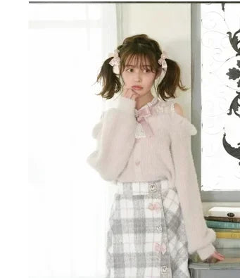 Sweet Lolita Winter Clothes Women Off Shoulder Sweater Pullover Student Elegant Long Sleeve Knitwear Bow Lace Waist Slim Sweater