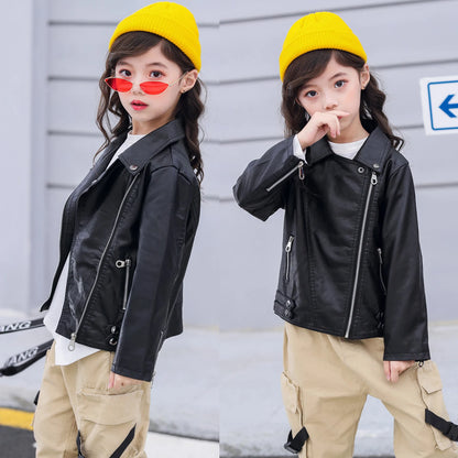 Retro Children's Leather Jacket,Boys Transition Coat,Kids PU Locomotive Wear,Faux Leather Outerwear,Girls Motorcycle Outfits