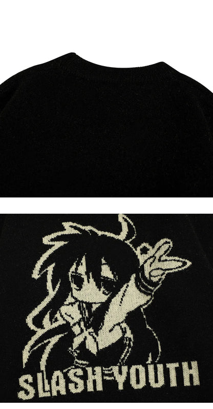 Sweater Women Japanese Cartoon Printed Pullover Knitwear Winter Chic Kawaii Sweaters O-neck Loose Cute Jumpers Tops Y2k Clothing
